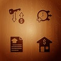 Set House with dollar, Rent key, contract and Clock on wooden background. Vector Royalty Free Stock Photo