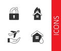 Set House flood, Broken or cracked lock, Plane in hand and Fire burning house icon. Vector