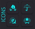 Set House in hand, Burning car, Umbrella and Shield icon. Black square button. Vector