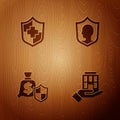 Set House in hand, Life insurance with shield, Money and on wooden background. Vector