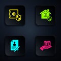 Set House in hand, Safe with shield, Document and . Black square button. Vector