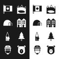 Set House, Igloo ice house, Flag of Canada, Canadian lake, Wooden log, Christmas tree, Bear head and Hockey helmet icon