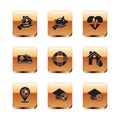 Set House insurance, Location shield, Graduation cap with, Lifebuoy, Emergency car, Health, and coin and Piggy bank icon