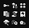 Set House key, with dollar, Real estate, Car sharing, Price negotiation, rental, Calculator and shield icon. Vector Royalty Free Stock Photo