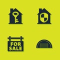 Set House with key, Garage, Hanging sign For Sale and under protection icon. Vector