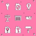 Set House key, under protection, Location, Hanging sign with text Sold, Garage, Bathtub, Search house and icon. Vector