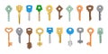 Set of house keys silhouettes. Different types hand drawn colored house keys. Colored vintage door key Royalty Free Stock Photo