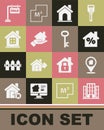 Set House, Location with house, percant discount, Realtor, Hanging sign Sold and key icon. Vector
