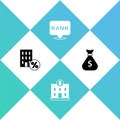 Set House with percant discount, Bank building, and Money bag icon. Vector