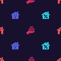 Set House with percant discount, under protection, Skyscraper and on seamless pattern. Vector Royalty Free Stock Photo