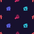 Set House with percant discount, under protection, Skyscraper and on seamless pattern. Vector