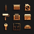 Set House, plan, Garage, Market store, key, Paint roller brush, under protection and Skyscraper icon. Vector