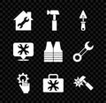 Set House repair, Hammer, Trowel, Settings in the hand, Toolbox, Location with wrench and Safety vest icon. Vector Royalty Free Stock Photo