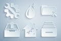 Set House service, Folder, Upload inbox, Drawer with documents, Clean water drop and Wrench and gear icon. Vector Royalty Free Stock Photo