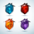 Set of house-shaped shield icons that illustrate natural disasters
