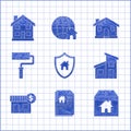 Set House with shield, contract, Cardboard box house, dollar symbol, Paint roller brush, and Home icon. Vector Royalty Free Stock Photo