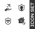 Set House with shield, Plane in hand, Life insurance and icon. Vector