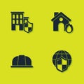 Set House with shield, Shield world globe, Worker safety helmet and Fire in burning house icon. Vector