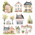 Set of house and tree style watercolor painting with margins Created with Generative AI technology Royalty Free Stock Photo