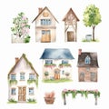 Set of house and tree style watercolor painting with margins Created with Generative AI technology Royalty Free Stock Photo
