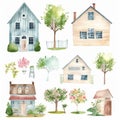 Set of house and tree style watercolor painting with margins Created with Generative AI technology Royalty Free Stock Photo