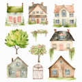 Set of house and tree style watercolor painting with margins Created with Generative AI technology Royalty Free Stock Photo