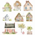 Set of house and tree style watercolor painting with margins Created with Generative AI technology Royalty Free Stock Photo