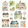 Set of house and tree style watercolor painting with margins Created with Generative AI technology Royalty Free Stock Photo