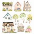 Set of house and tree style watercolor painting with margins Created with Generative AI technology Royalty Free Stock Photo
