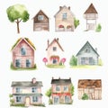 Set of house and tree style watercolor painting with margins Created with Generative AI technology Royalty Free Stock Photo