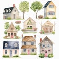 Set of house and tree style watercolor painting with margins Created with Generative AI technology Royalty Free Stock Photo