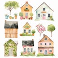 Set of house and tree style watercolor painting with margins Created with Generative AI technology Royalty Free Stock Photo