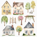 Set of house and tree style watercolor painting with margins Created with Generative AI technology Royalty Free Stock Photo