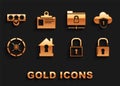 Set House under protection, Cloud and shield, Open padlock, Lock, Safe, FTP folder, Password safety access and Royalty Free Stock Photo