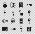 Set House under protection, Key, Undefined key, Safe, Old, Unlocked, Lock and Open padlock icon. Vector