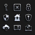 Set House under protection, Safe, Laptop protected with shield, Shield key, Cloud and, Lock and Key icon. Vector
