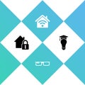 Set House under protection, Smart glasses, home with wi-fi and Light bulb and graduation cap icon. Vector