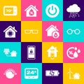 Set House with wind turbine, Humidity, Glasses, Power button, Smart home, Thermostat and humidity icon. Vector Royalty Free Stock Photo