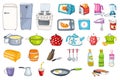 Set of household appliances and kitchenware.