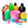 set of household chemicals, bucket and brushe for cleaning isolated on white background Royalty Free Stock Photo