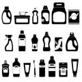 Set of household chemicals and cosmetics, silhouettes on white background, vector illustration, bottles and tubes