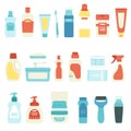 Set of household chemicals and cosmetics, vector illustration, bottles, sprayer, toothbrush and tubes