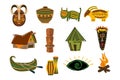 A set of household items of African tribes,totem, mystical masks, wigwam, canoe, fire, dishes with ornaments.