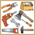 Set of household tools. Cartoon images of saw, wrench, pliers, hammer, axe, screwdriver, drill on white background. Colorful Royalty Free Stock Photo