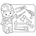 Set of household tools. Cartoon images of saw, wrench, pliers, hammer, axe, screwdriver, drill on white background. Coloring book