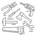 Set of household tools. Cartoon images of saw, wrench, pliers, hammer, axe, screwdriver, drill on white background. Coloring book