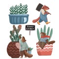 Set about houseplant. Little cartoon beavers take care about green plants in pots