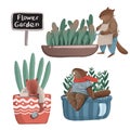 Set about houseplant. Little cartoon beavers take care about green plants in pots