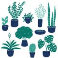 Set of houseplants in flowerpots. Handdrawn cute indoor decorative plants in blue and green colors isolated on white