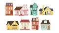 Set of houses in cartoon style. Vector illustration of city and country house, townhouse and cottage with front view Royalty Free Stock Photo